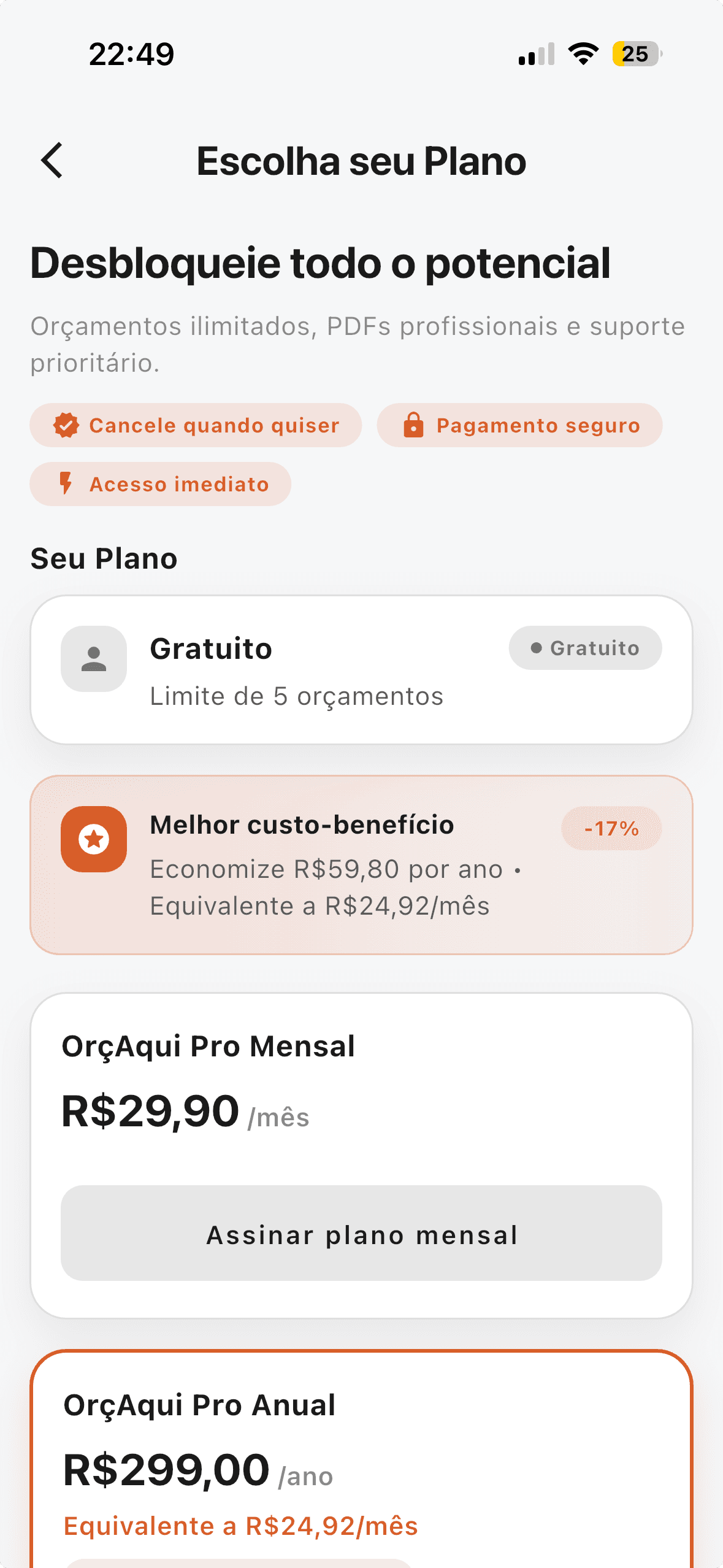 Tela do app OrçAqui - criação de orçamento