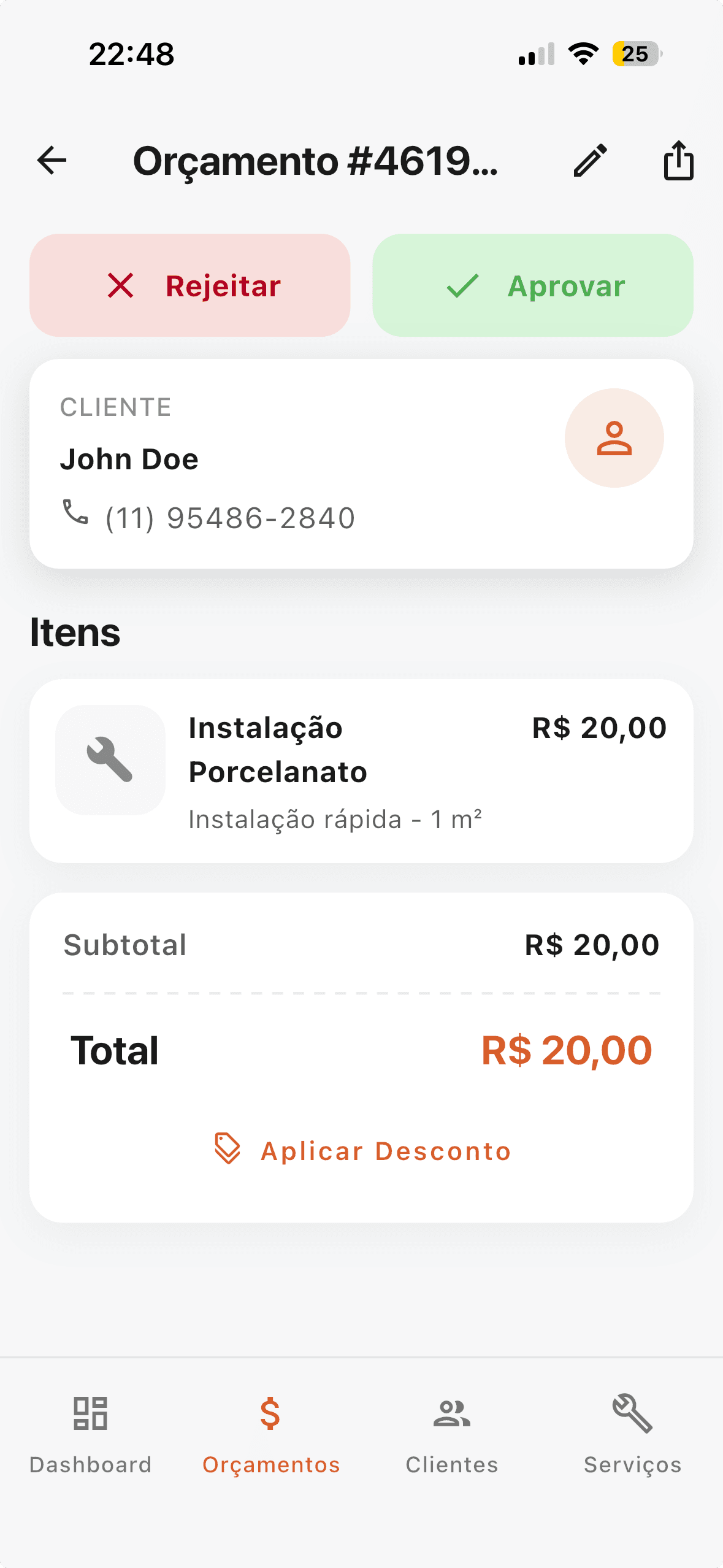 Tela do app OrçAqui - lista de orçamentos